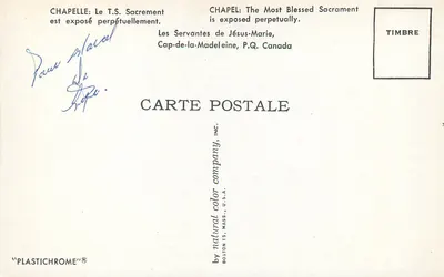 Wnętrze kaplicy — Służebnice Jezusa-Maria, Cap-de-la-Madeleine, P.Q. — wydawca CARTE POSTALE, Inc. — Rewers
