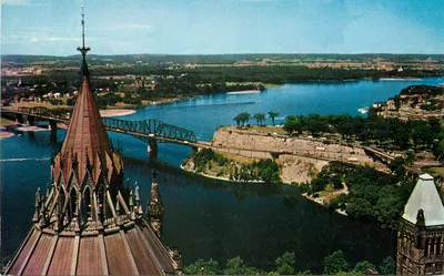 Vista do balcão da Torre da Paz — Point Nepean, Ponte Interprovincial, Ottawa, Ontário, Canadá — Published by National News Co. Ltd.