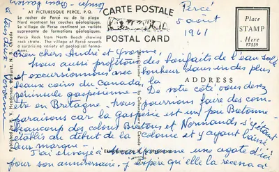Percé — Skalista wysepka Percé — Wydawca H. V. Henderson — Rewers