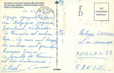 Oficial da Gendarmeria Real do Canadá — Chefe indígena em traje — editor Canadian Lithographers Ltd, série S-1028 — Verso