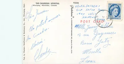 Bilhete postal moderno Canadá Manitoba Winnipeg o Hospital Infantil — Verso