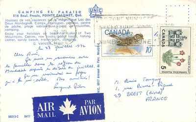 Stara pocztówka Camping El Paraíso — Pointe-Calumet, Québec — wydawca UNIC — Rewers