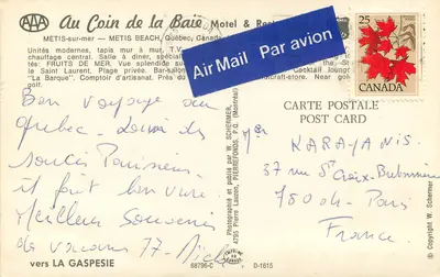 Kąt Baie Motel & Restaurant — Métis-sur-Mer, Quebec — wydawca Pierre Lauzon, nr D-1615 — Rewers