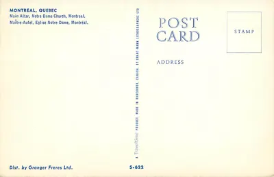 Interior da Igreja Notre-Dame de Montreal — Altar principal — editor Grant-Mann Lithographers Ltd. — Verso