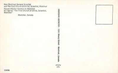Nuovo Ospedale Generale di Montreal e la Prima Chiesa di Cristo, Scienziato, Montreal — Agenzie Souvenir, Montreal — Verso
