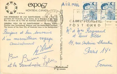 Expo 67 — Überblick über Île Sainte-Hélène — Verlag Plastichrome of Canada, Seriennummer © 1963 Expo 67 — Rückseite