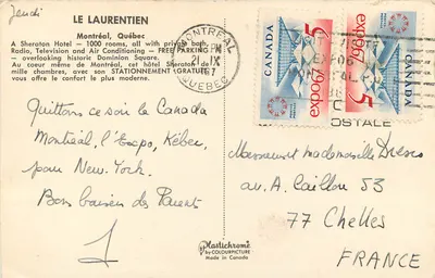 Hotel Laurentien — Sheraton Hotel — frente al Carré Dominion, Montreal, Quebec — Reverso