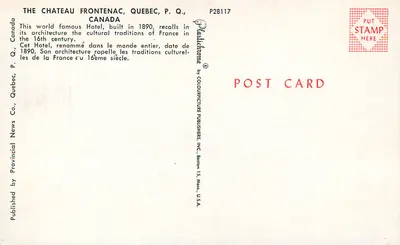 Hotel Château Frontenac — Quebec, Kanada — wydawca Plastiforme — Rewers