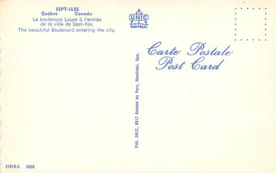 Boulevard Laure przy wejściu do miasta Sept-Îles — Québec, Kanada — wydawca UNIC, n° 21818-C — Rewers