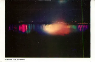 Niagara Falls z mostu Rainbow Bridge — widok dzienny i nocny — wydawca nieznany — Rewers