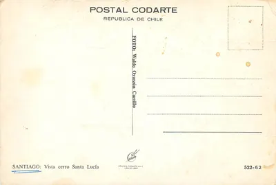 Santiago — Widok z cerro Santa Lucía — Postal Codarte — Rewers