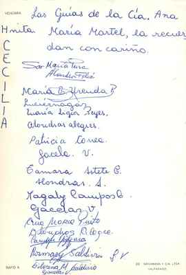 Saludos de Chile — vinhedos e trajes tradicionais — ED. GROHMANN Y CIA. LTDA. VALPARAISO — Verso