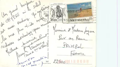 Souvenir de Chipre — Nicosia, Ayia Napa, Larnaca, Paphos, Limassol — editor N.C. Triarchos & Co. Ltd. — Verso