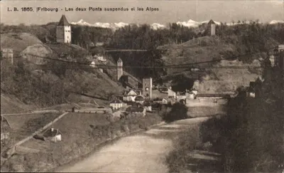 Fribourg - Les deux Ponts suspendus et les Alpes — L.B. 1865