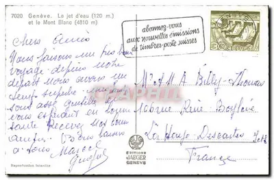 Ginevra — La fontana (120 m.) e il Monte Bianco (4810 m.) — Edizioni Jaeger Ginevra — Verso