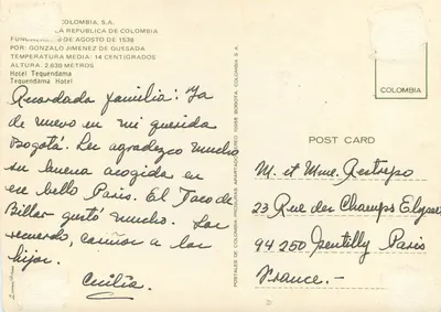 Bilhete postal moderno Colômbia Por Gonzalo Jimenez de Quesada Temperatura média 14 graus Celsius Altura 2630 metros Hotel Tequendama — Verso