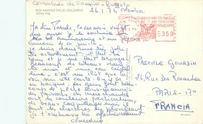 Ilha de San Andrés — praia de areia branca cercada por palmeiras — Consulado da França em Bogotá — Verso
