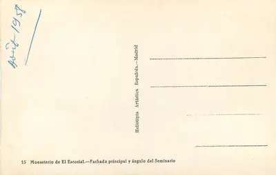 Klooster van El Escorial — hoofdgevel en hoek van het Seminarium — Heliotipia Artística Española, Madrid — Achterkant