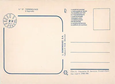 Torremolinos — widok panoramiczny wioski i plaży — L. Dominguez S.A. N° 37 — Rewers