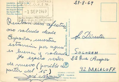 Barcelona — Torre da igreja de Santa Maria del Mar e rua da praça Saint-Augustin — Editor DURÀ - Valência, série 19, n° 290 — Verso