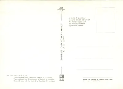 Valladolid — Vista geral do Paseo de Isabel la Católica — Editor Subirats Casanovas, n° 156 — Verso