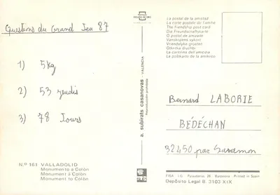 Monumento a Colombo — Valladolid — Editor: Postales Escudo de Oro, N° 161 — Verso