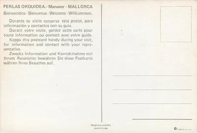 Perlas Orquidea - Manacor - Majorka — fabryka perł i montażu — wydawca Garcia-Mallorca, nr 3 — Rewers
