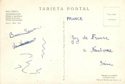 Mallorca - Formentor — Hotel i ogród — Tarieta Postal, seria 1 nr 3137 — Rewers