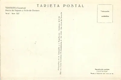 Vista costeira de Tenerife — Bairro de Vegueta e Vale de Orotava — Tarieta Postal n° 7337 — Verso