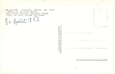 Elche (Alicante) — Huerto del Cura. Grupa de los Pavos Reales — Edições Garcia Garrabella y Cía. — Verso