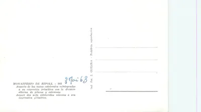 Klasztor w Ripoll — boczne korytarze z przemieniającym się słupami — J. Guilera, n° 203 — Rewers