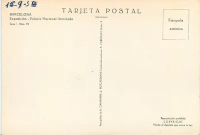 Narodowy Pałac oświetlony — Wystawa — A. FABREGAT, seria I, nr 92 — Rewers
