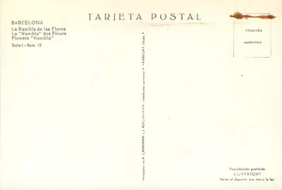 Barcelonę — Rambla des Fleurs — Tarjeta Postal, seria I, nr 72 — Rewers