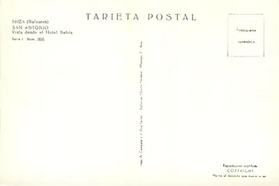 San Antonio — vista do Hotel Bahía — Tarieta Postal, série I n°3695 — Verso