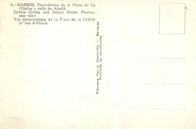 Madryt — Panoramiczny widok Plac Cibeles i ulicy Alcalá — Wydawnictwo Garravella — Rewers