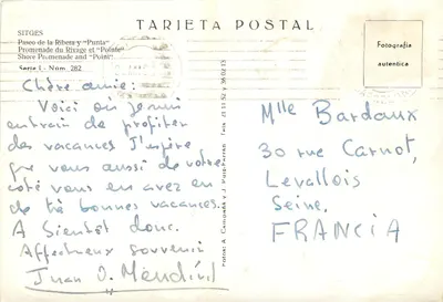 Sitges — Promenada Ribera i «Punta» — Tarjeta Postal, seria I, nr 282, J. Puig-Farran — Rewers