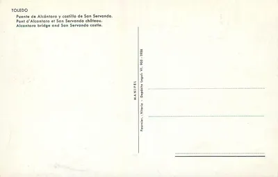 Toledo — Ponte d'Alcántara e castelo de San Servando — Fournier - Vitoria - 1958 — Verso