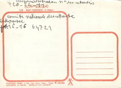 Tunisische woestijn — twee palmboom in het midden van de duinen — Uitgaven Tanit, n°178 — Achterkant
