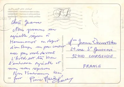Hammamet — widok na morze i białe dachy — wydawca Tunisie Lumière, n°006 — Rewers