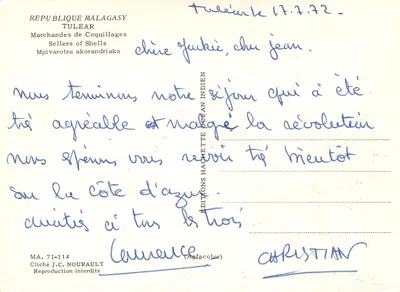 Vendedoras de Conchas — Tulear — Edições Hachette Océan Indien, n° MA. 71-114 — Verso