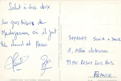 Tamarin z ogonem czerwonym — na bukiet banana — Foto Bernard Serre, seria N° 04 — Rewers