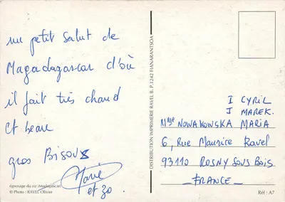 Egrenage ryżu — Madagaskar — Drukarnia Ravel B.P.1242 Fianarantsoa — Rewers