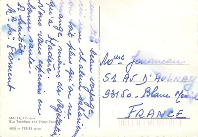 Malta, Floriana — Autobus terminalowy i fontanna Triton — wydawca Keltat, n° 64 — Rewers