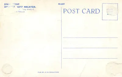Ruas animadas de Malacca — Malásia Ocidental — editor S.W. Singapore, n° ML6021 — Verso