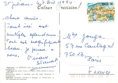 Gondolas coloridas em Senglea — cidade de Vittoriosa no fundo — Imprensa Interprint Limited, Malta — Verso