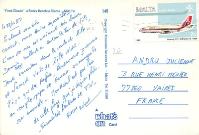 Fond Ghadir, praia rochosa em Sliema — Malta — editor A what's on Card, n° 145 — Verso