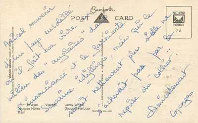Ilha de Man — Point of Ayre, Vikings, Laxey Wheel, Douglas Harbour, Tram — Bamforth & Co. Ltd. — Verso