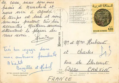 Agadir — vista de um complexo hoteleiro com piscina e cavalo — editor Komaroc SA, n°56 — Verso