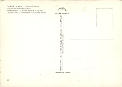 Casablanca — Widok z powietrza — Plac Narodów Zjednoczonych — Wydawca ITTAH, nr 26 — Rewers