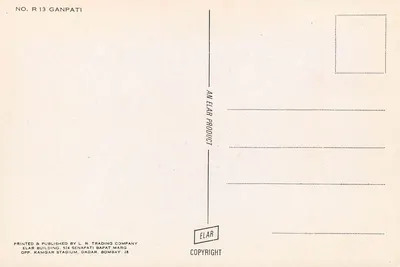 Ganesh — hinduska bóstwo siedzące na lotosie — wydawca L. R. Trading Company, Bombay — Rewers